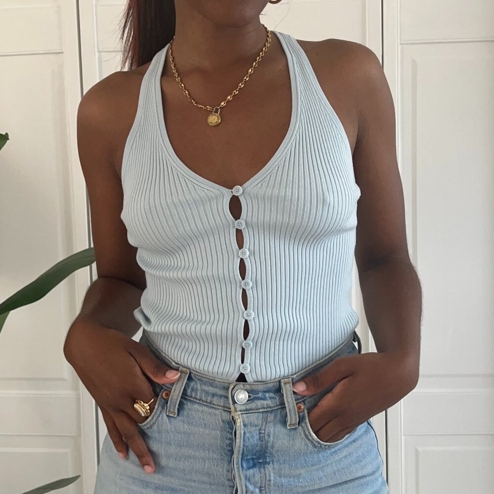 Wilfred Aritzia "Affinity" Baby Blue Button Tank Top - Size Small